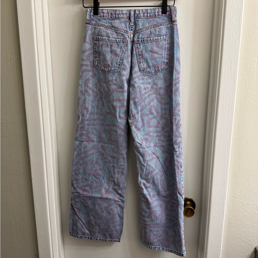 H&M X Keith Haring Pink Patterned Wide Leg High Waist Kids Jeans - Picture 4 of 6